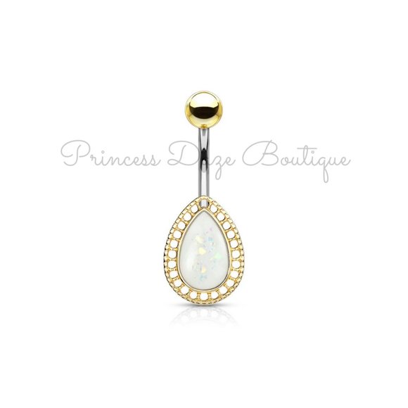Gold White Opal Tear Drop Belly Button Ring - Picture 1 of 1
